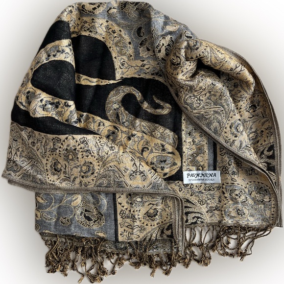 Metallic Pashmina Scarf / Shawl / Wrap | Gold / Bronze / Black | 28"W x 64”L - Picture 7 of 16